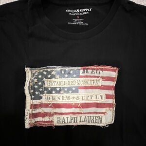 Ralph Lauren Black Short Sleeve Tee with Distressed American Flag Patch